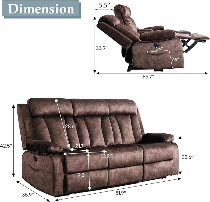 GUEAPY Power Reclining Sofa – 3 Seater Reclining Couch with Massage & Heat, Drop-Down Table, USB & Type-C Charging Ports, Cup Holders, Dutch Velvet,Power Sofa for RV，Media Room & Living Room