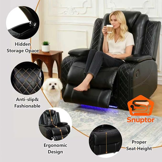 Power Leather Recliner Sofa Set with LED Light,Reclining Loveseat and Chair Set with Storage Console/USB Charger/Cup Holder,Leather Couch for Living Room Furniture Sets(2+1 Seats,Black)
