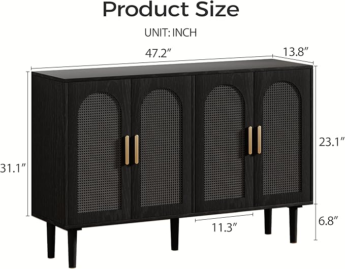 Modern Rattan-Door Sideboard Cabinet – 4-Door Credenza Buffet with Ample Storage, Large Accent Cabinet for Entryway, Living Room, Dining Room & Kitchen, Black & Grey