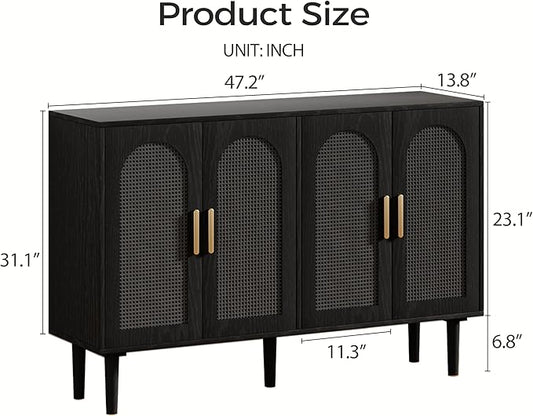 Modern Rattan-Door Sideboard Cabinet – 4-Door Credenza Buffet with Ample Storage, Large Accent Cabinet for Entryway, Living Room, Dining Room & Kitchen, Black & Grey