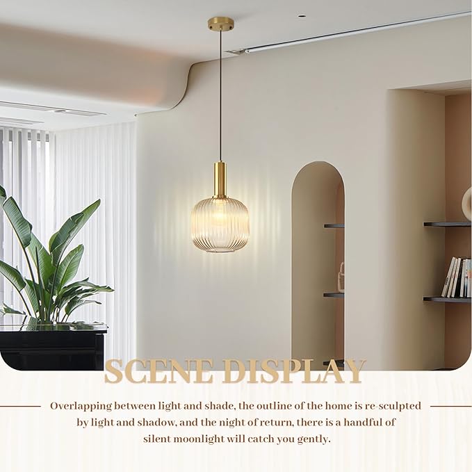 Amber Glass Pendant Light, Mid Century Modern Pendant Lights Kitchen Island, Vintage Gold 1-Light Ceiling Hanging Light Fixtures for Dining Room Bedroom Hallway Bar