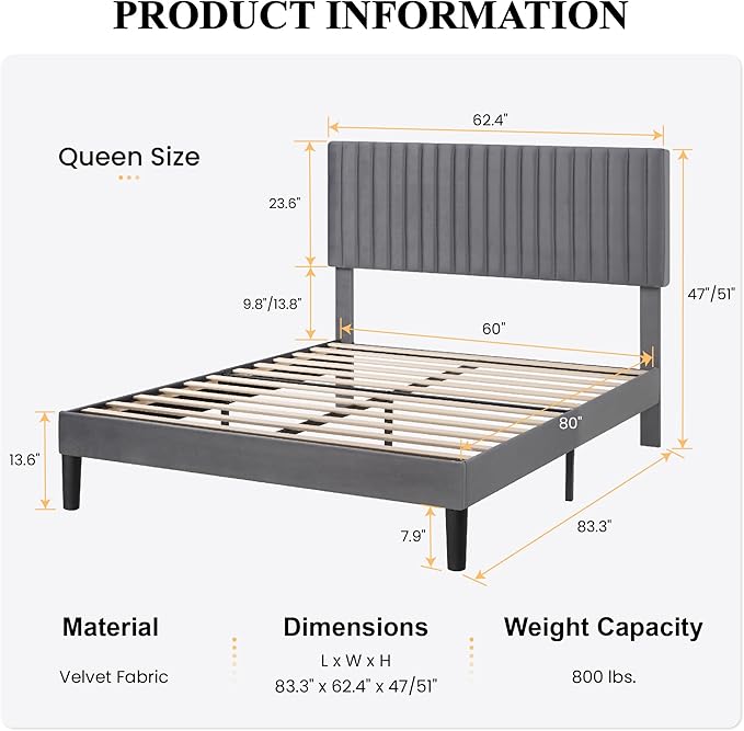 SHA CERLIN Queen Upholstered Platform Bed Frame with Vertical Channel Tufted Velvet Fabric Adjustable Headboard, Wooden Slats Support, Mattress Foundation, Box Spring Optional, Grey