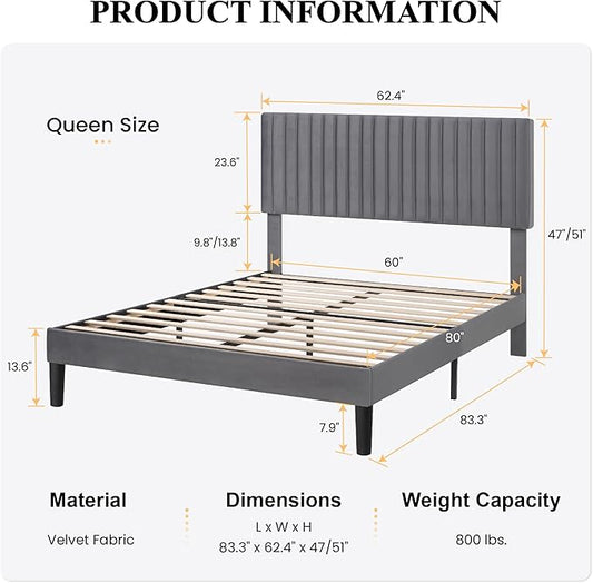 SHA CERLIN Queen Upholstered Platform Bed Frame with Vertical Channel Tufted Velvet Fabric Adjustable Headboard, Wooden Slats Support, Mattress Foundation, Box Spring Optional, Grey