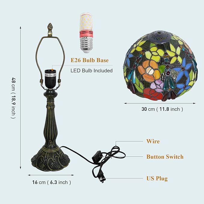 Tiffany Table Lamp 12x12x19 Inch Multi-Color Flowers Style Table Lamp Stained Glass Lamp Bedside Nightstand Reading Desk Light for Bedroom Home Office Decor (LED Bulb Included)