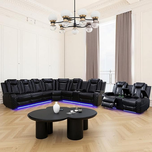 Power Reclinier Sectional Sofa Set,Black Leather Reclining Sectional Modular Sofa Set with Loveseat,L Shaped Leather Couch with LED Light for Living Room/House/Apartment/Lounge(L+Loveseat)