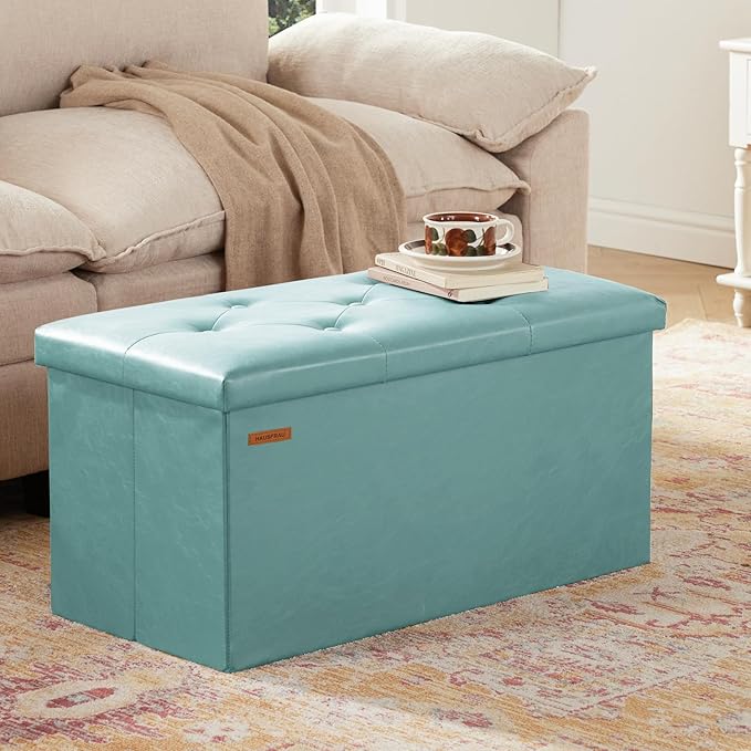 HAUSFRAU - Storage Ottoman Bench, 30 Inches Button Tufted Upholstered Ottoman Footstool with Storage for Living Room Bedroom Entryway, Load 660 lb, Synthetic Leather, Light Blue