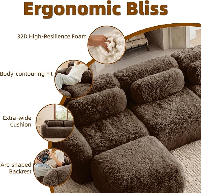 149" L-Shaped Boneless Modular Sofa, Plush Foam Lounge Couch, 32D High Density Sponge, Plush Convertible Sofa Set Deep Seat Couches for Living Room, Bedroom and Apartment, Chocolate