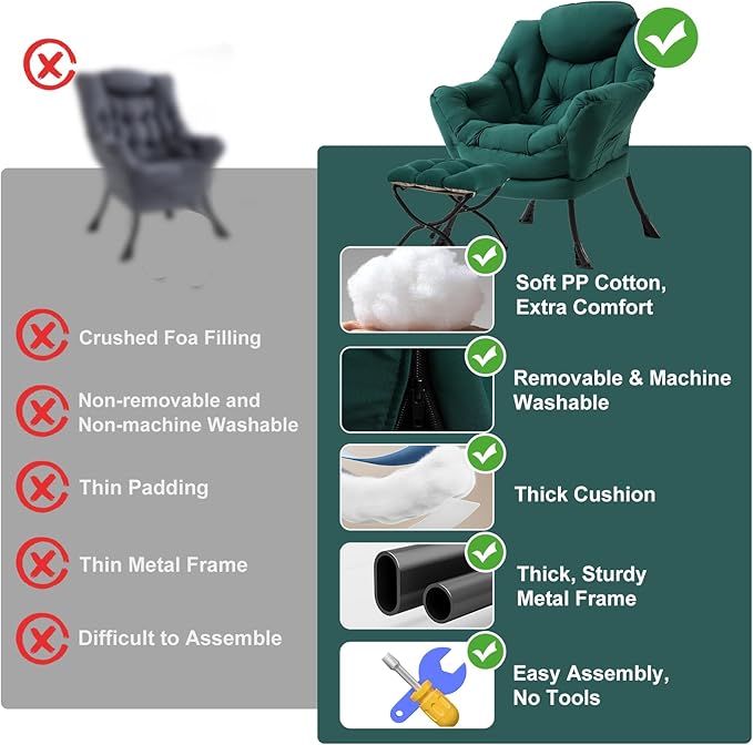 Lazy Chair with Ottoman, Modern Chair with Folding Footrest, Dark Green Accent Chair, Comfortable Reading Chair, Oversized Armchairs for Bedroom, Study, Living Room, Courtyard