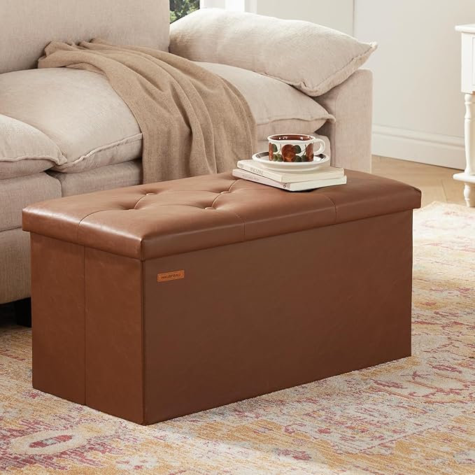 HAUSFRAU - Storage Ottoman Bench, 30 Inches Button Tufted Upholstered Ottoman Footstool with Storage for Living Room Bedroom Entryway, Load 660 lb, Synthetic Leather, Brown