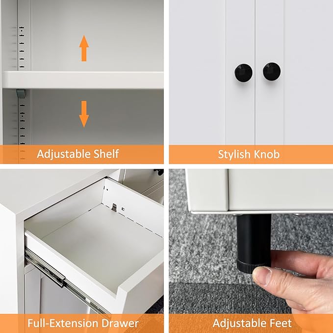Metal Storage Cabinet with 2 Drawers and Adjustable Shelf, Sideboard Buffet Cabinet for Home, Office, Hallway, Entryway, Living Room, Kitchen Pantry and Dining Room (White)
