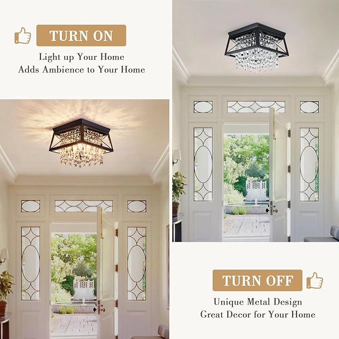 Crystal Flush Mount Ceiling Light, 11.8 inch 4-Light Black Farmhouse Lighting Metal Ceiling Light, Modern Trapezoid Hallway Light Fixtures Ceiling Mount for Bedroom Kitchen Laundry Entryway Foyer