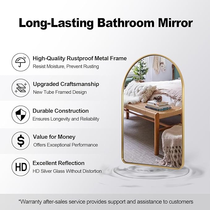 ANDY STAR 30x40’’ Arched Gold Mirrors for Wall, Brushed Brass Arched Bathroom Mirror Rounded Corner, Gold Arched Vanity Mirror,SUS304-Anti-Rust, Tube Frame, Wall-Mounted Vertical 1’’ Deep