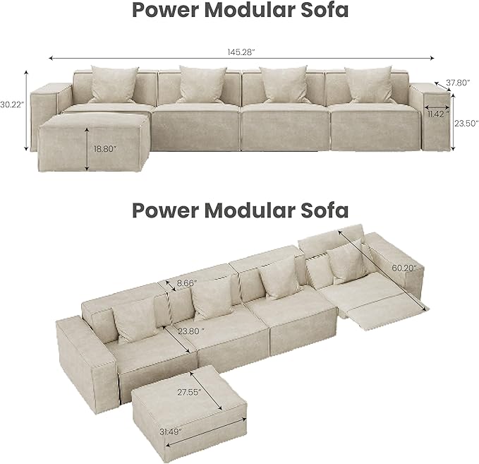 145" Power Sofa,Modular Sectional Couches for Living Room,Modern Large Sofa with Recliners,Comfy Velvet Cloud Couch with Deep Seat with 1 Ottoman,Pet Friendly,Free Combination for Home(Beige)