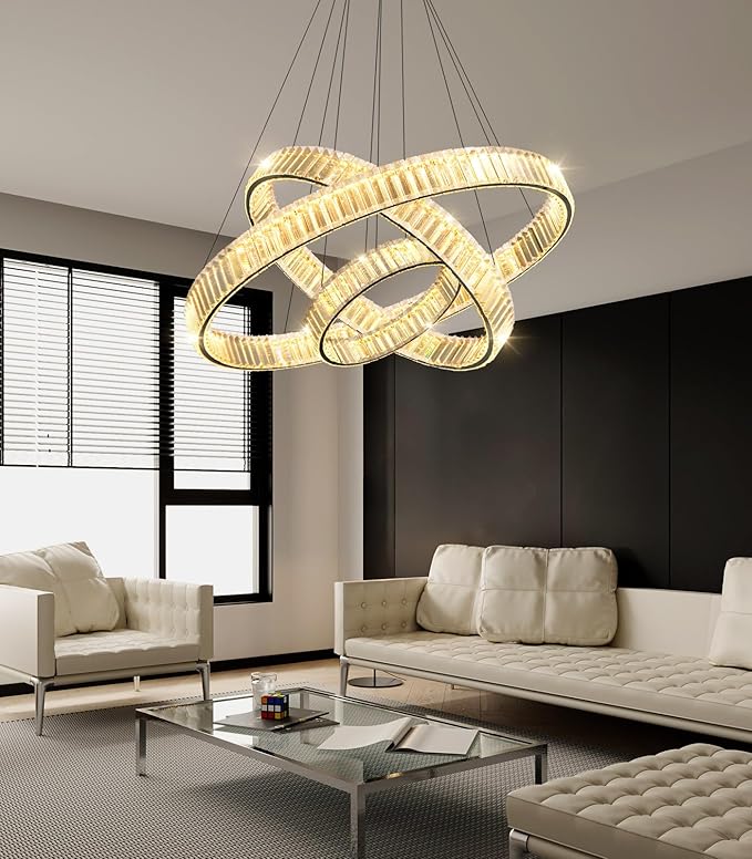 24''+16''+8'' Modern Ring Chandelier Crystal Chandeliers for Dining Room Round LED Dimmable Ceiling Light Fixture for Living Room Bedroom Lighting Black