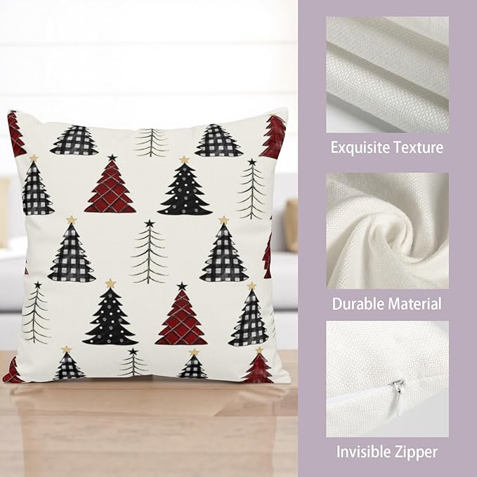 Buffalo Plaid Christmas Tree Pillow Covers 16x16 Set of 2 Red Black and White Xmas Decorative Outdoor Throw Pillow Cases Seasonal Farmhouse Cushion Case Winter Holiday Decor for Sofa Couch