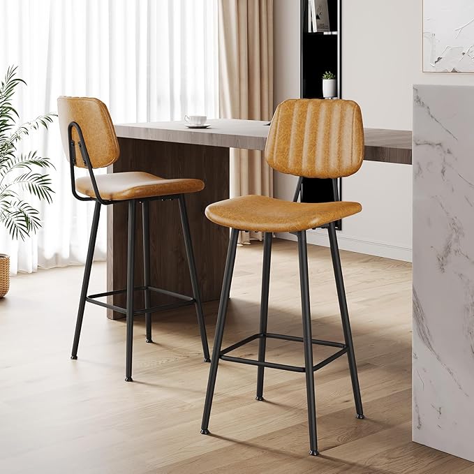 29-Inch Leather Bar Stools Set of 3, Counter Height Barstools with High Backrest，Bar Chairs for Kitchen Island with Heavy Duty Metal Legs, Brown