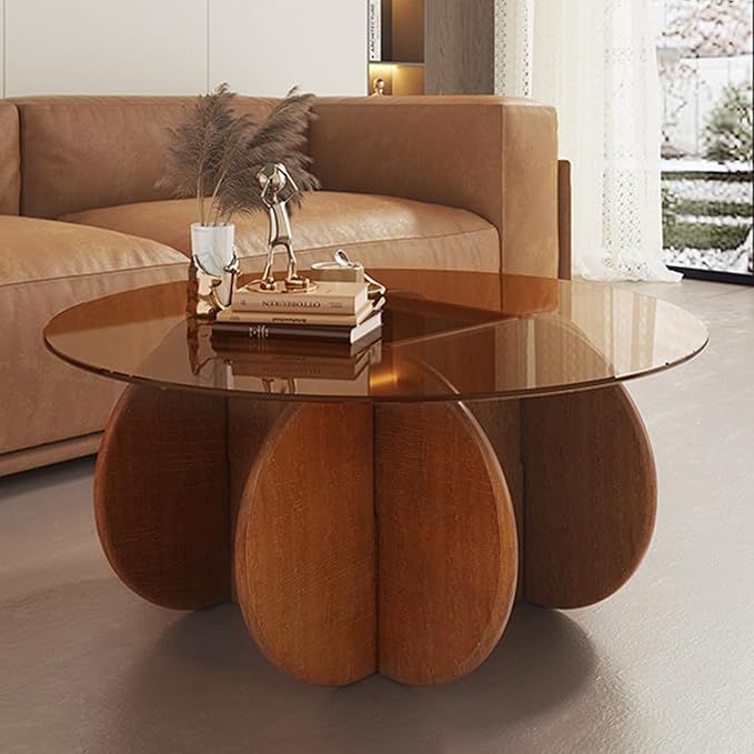 Modern Round Coffee Table with Solid Wood Legs,31.5'' Glass Coffee Tables for Living Room Rustic Circle Center Cocktail Table with Tempered Glass-Top,for Small Spaces, Unique | Modern, Living Room, Rustic, Center, Unique, Small Spaces