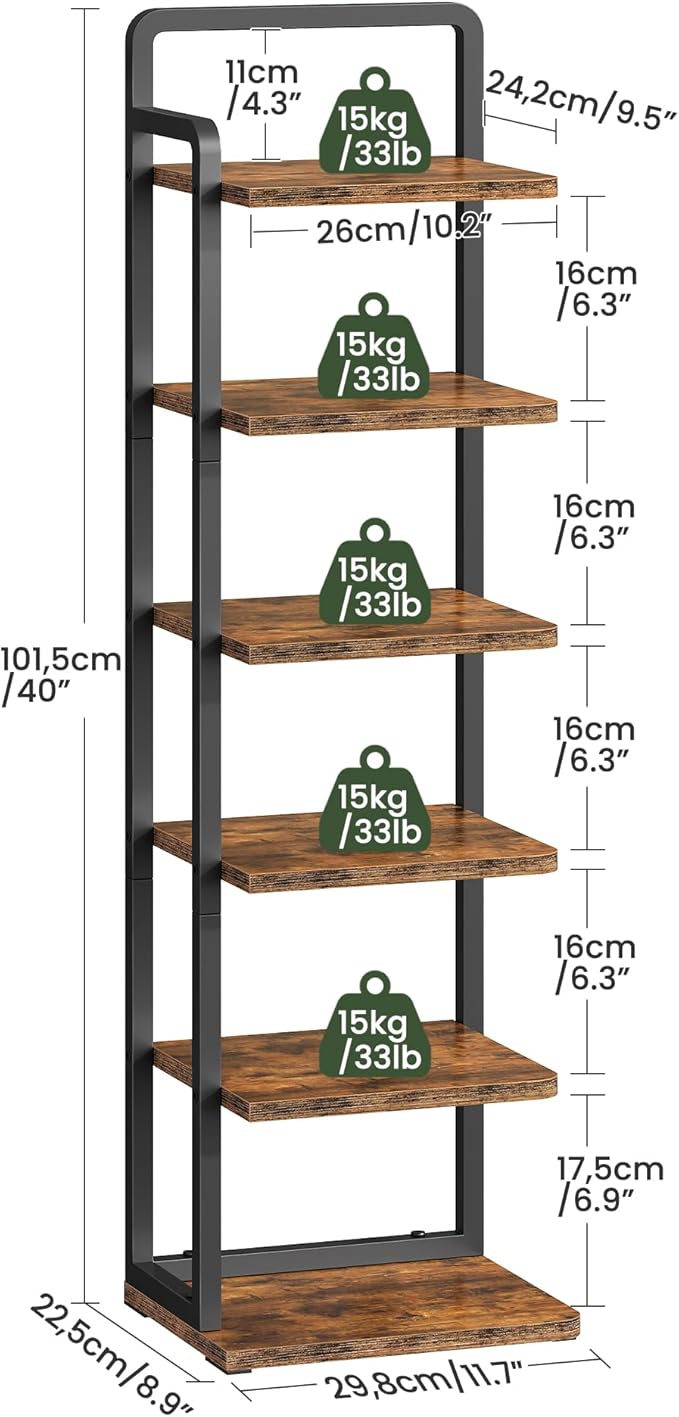 6-Tier Vertical Shoe Rack, Narrow Shoe Tower, Corner Shoe Storage Organizer, Shoe Shelf, for Small Spaces, Industrial Style, for Entryway, Hallway, Living Room, Rustic Brown and Black TXJ06BF