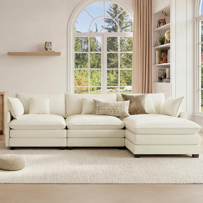 KISLOT 122" Oversized Modular Sectional Sofa,L-Shaped Cloud Couch with Movable Ottoman,Thick Cushions,4 Deep Seats with 5 Throw Pillows Sofa Couch Set for Living Room, Bedroom | Wood Frame