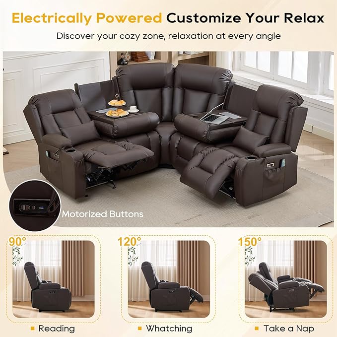 IPKIG Power Recliner Sofa with Flip-Up Backrest Console, USB & USB-C Ports, AC Outlet, LED Lights, Wall Hugger Recliners for Living Room, RV (Brown, 77.53" - 5 Seat) | Faux Leather, Zero Gravity, Dual Reclining, 2 Lumabr Pillow