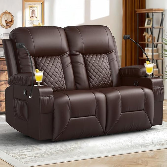 FURNIMAT Loveseat Recliner Sofa, 2 Seater Reclining Loveseat Sofa, PU Leather RV Loveseat Couch, Recliner Chair for Living Room, with Cup Holder and 2 Cell Phone Holder, USB Ports, Brown
