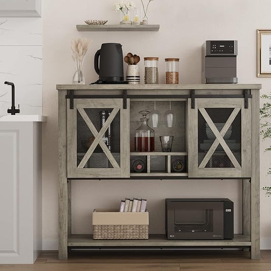 Bar Cabinet, Farmhouse Buffet Storage Cabinet with Wine Glass Rack, Wood Coffee Bar Table Kitchen Sideboards and Buffets with Barn Door, Liquor Cabinet Bar for Home, Dinning, Living Room