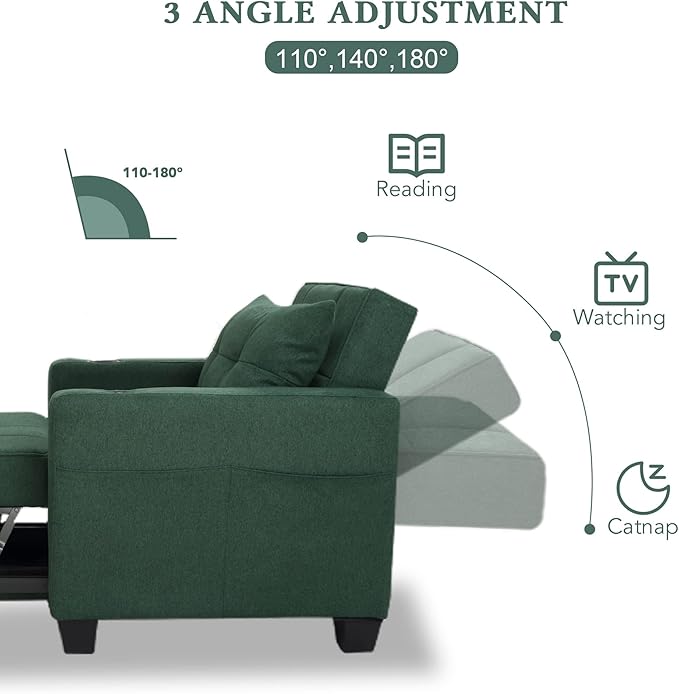 DURASPACE Pull Out Sofa Bed 3-in-1 Convertible Sofa Sleeper Chair Bed with USB, Cup Holder, Adjustable Armchair Beds for Small Spaces, Apartment, Living Room, Office (Green Linen)