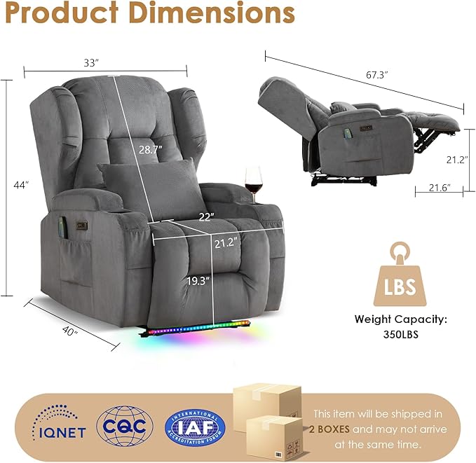 SAMERY Power Recliner Chair, Electric Wall Hugger Recliner Chair Reclining Sofa Home Theater Seating for Living Room with Massage & Heat, USB, LED Lights, Cup Holders, Side Pockets, Lumbar Pillow | 1-Inch Wall Hugger, Extra Wide Seat, Full Body Comfort...