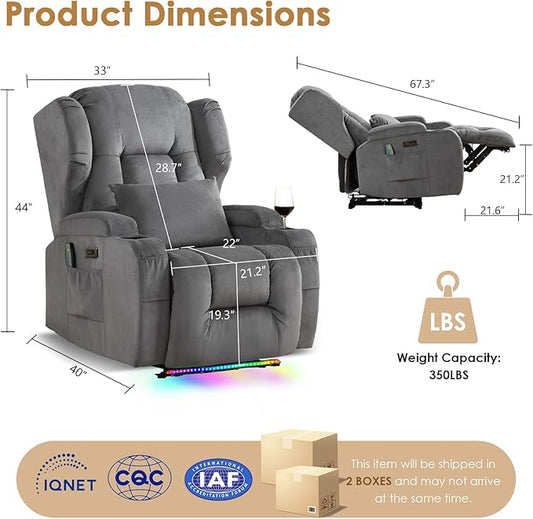 SAMERY Power Recliner Chair, Electric Wall Hugger Recliner Chair Reclining Sofa Home Theater Seating for Living Room with Massage & Heat, USB, LED Lights, Cup Holders, Side Pockets, Lumbar Pillow | 1-Inch Wall Hugger, Extra Wide Seat, Full Body Comfort...