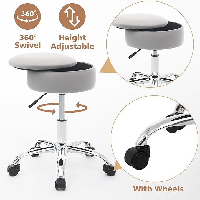 Adjustable Vanity Stool with Storage Rolling Vanity Chair with Wheels Swivel Vanity Stool Chair for Vanity Makeup Stool Grey