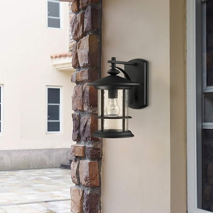 MICSIU 100W Max Modern Industrial Outdoor Sconce Lantern, 10 Inch Textured Black Metal Exterior Wall Light with Clear Seedy Glass, Anti-Rust Outside Lighting for Entryway, Garage, or Bathroom