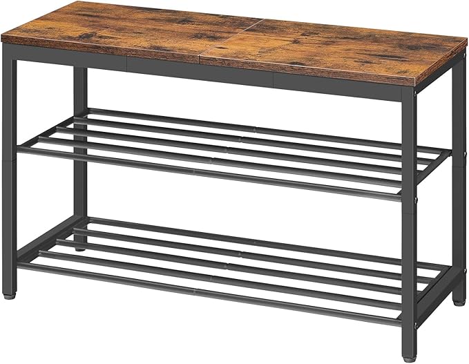 HOOBRO Shoe Bench, 3-Tier Shoe Rack, Industrial Shoe Organizer Storage Bench with Wooden Top, Holds Up to 300 lb, 11.2 x 29.5 x 19.1 Inches, for Entryway, Bedroom, Rustic Brown and Black BF76HX01