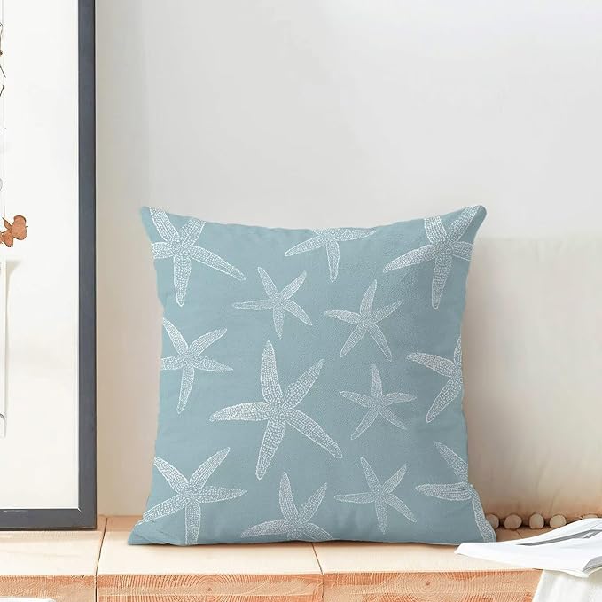 BETGINY Coastal Seafoam Blue Starfish Throw Pillow Cover 20 x 20 Inch Pack of 2,Summer Nautical Ocean Decorative Pillow Covers Square Linen Beach Pillow Cases Cushion for Bedroom Home Sofa Decor