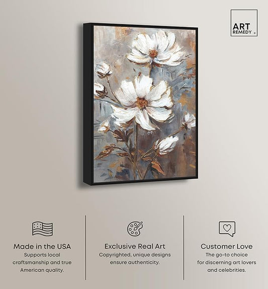 Art Remedy White Textured Flowers Canvas Elegant Floral Wall Art, Black Frame, 10" x 15"