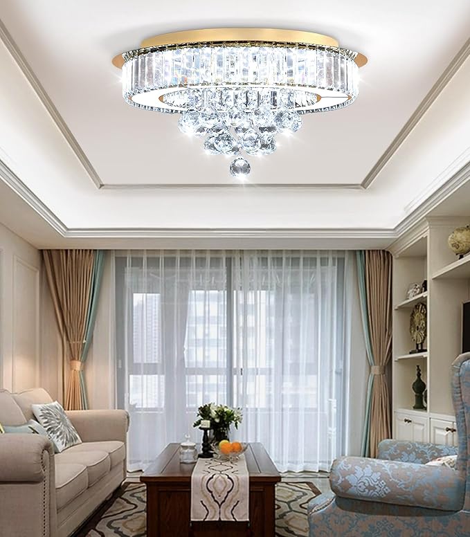 19.6'' Gold Modern Crystal Chandeliers for Dining Room LED Dimmable Light Fixtures Flush Mount Light Living Room Bedrooms