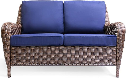 Cambridge Outdoor Wicker Loveseat Sofa: All-Weather HDPE Rattan Resin Furniture Patio Couch w/CushionGuard, Midnight Navy Blue