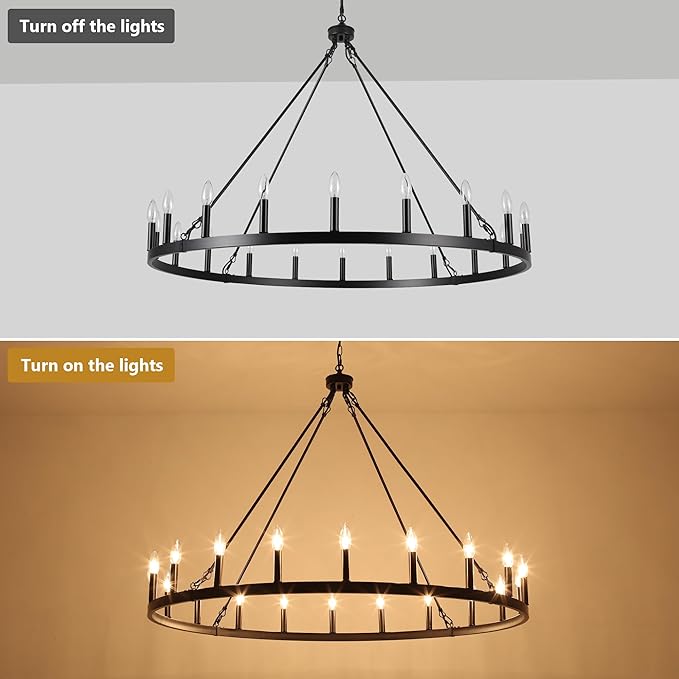 47.2 inches Black Wagon Wheel Chandelier- 20 Light Large Farmhouse Chandelier Industrial Rustic Dining Room Light Fixture Round High Ceiling Pendant Light for Living Room Entryway Foyer