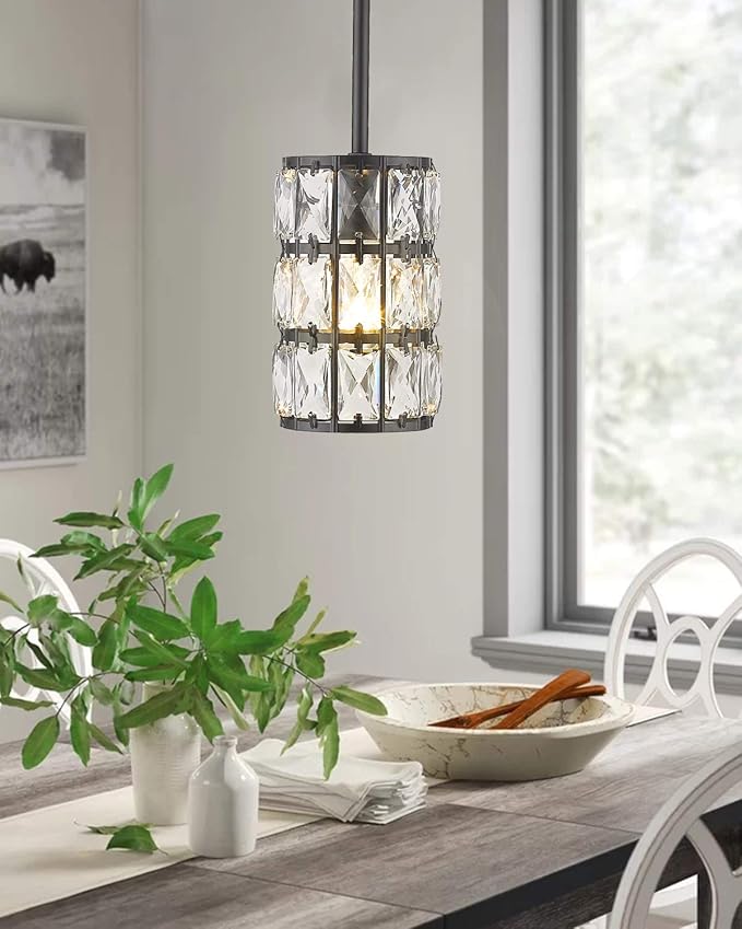 CALDION Farmhouse Crystal Pendant Light, 1-Light Black Pendant Lights Kitchen Island Mini Crystal Chandelier Dining Room Adjustable Hanging Ceiling Light for Bedroom Cloakroom Entryway Hallway Bar