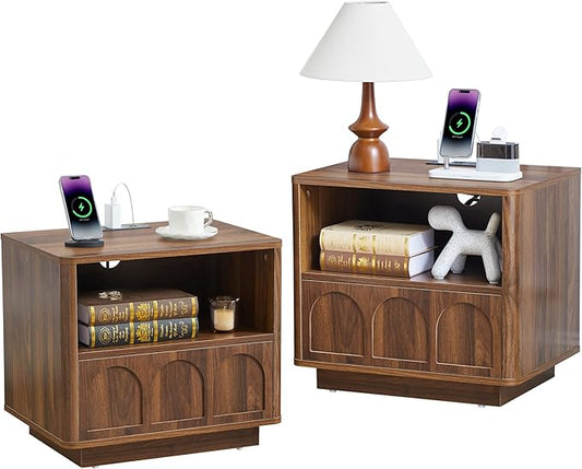 Small Nightstand Set of 2 with Charging Station, Accent Bedside Nightstand with Drawer, Mid Century Modern Bedroom Side Bed Table with Storage for Dorm, Living Room, Couch, Office - Walnut