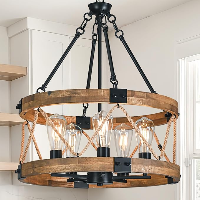 Farmhouse Chandeliers for Dining Room, 19.7” Rustic Chandelier, Round Hanging Light,5-Light Chandelier, Wood Chandelier Modern Chandelierr for Kitchen Living Room Foyer Entryway