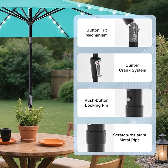DUMOS 10 FT Outdoor Patio Umbrella with 32 LED Lights UV-Resistant Market Umbrella with Tilt Adjustment & Crank Lift, All-Weather Shade for Backyard, Deck, Garden, Beach - Classic Blue