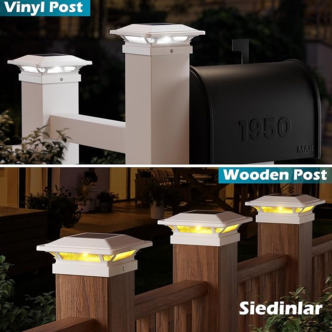 SIEDiNLAR 4x4 Solar Post Cap Lights 16 LEDs 2 Modes 3.5x3.5 4x4 Vinyl Wooden Post Light Waterproof Outdoor for Deck Fence Patio Garden Decor, Warm/Cool White (6 Pack, White)