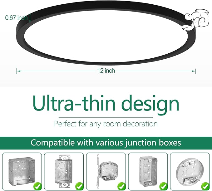 Brightever Black LED Flush Mount Ceiling Light, 24W 3200LM 5CCT Dimmable LED Ceiling Light Fixture, 2700K/3000K/4000K/5000K/6500K, 12 Inch Ultra Thin Ceiling Lamp for Bedroom, Dining Room, 1 Pack