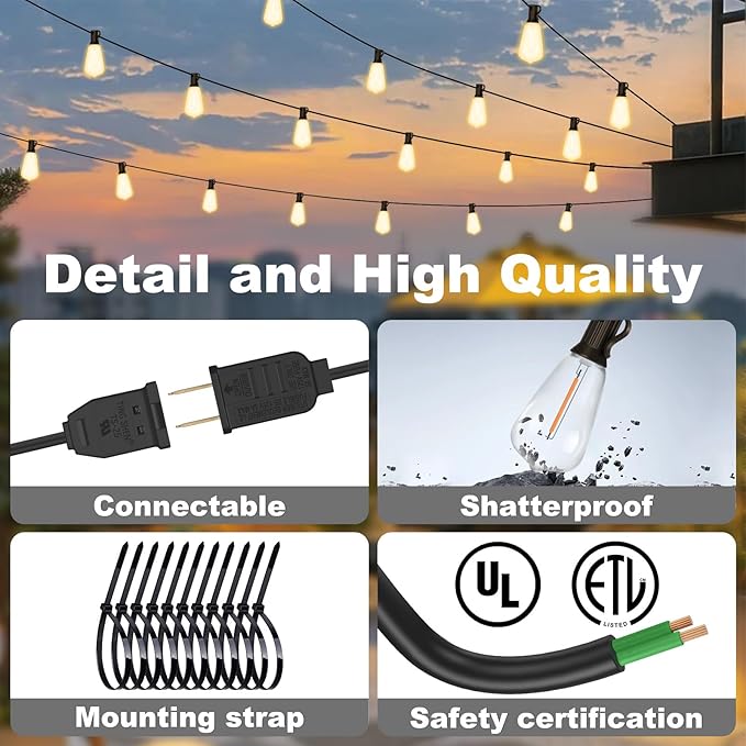 100FT Outdoor String Lights - 64+4 Bulbs(𝟏.𝟓𝐅𝐓 𝐁𝐮𝐥𝐛𝐬 𝐒𝐩𝐚𝐜𝐢𝐧𝐠) | Remote & Dimmer, 3 Light Modes & Timing, IP65 Waterproof, 100PC Mounting Ties for Patio/Outside/Commercial