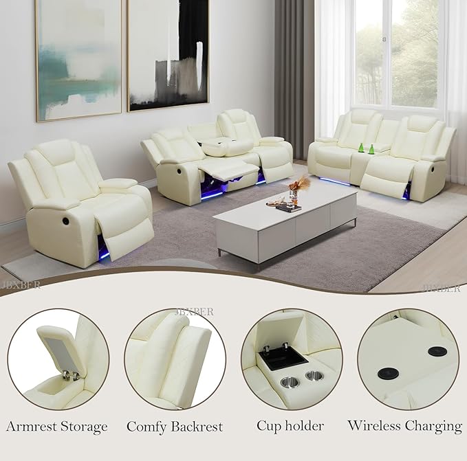 Power Recliner Sofa Set, Leather Reclining Sofa Sets with LED Lights, Living Room Furniture Set, Loveseat with Console Storage, Recliner Couch with USB Port (3 Piece Set, White)