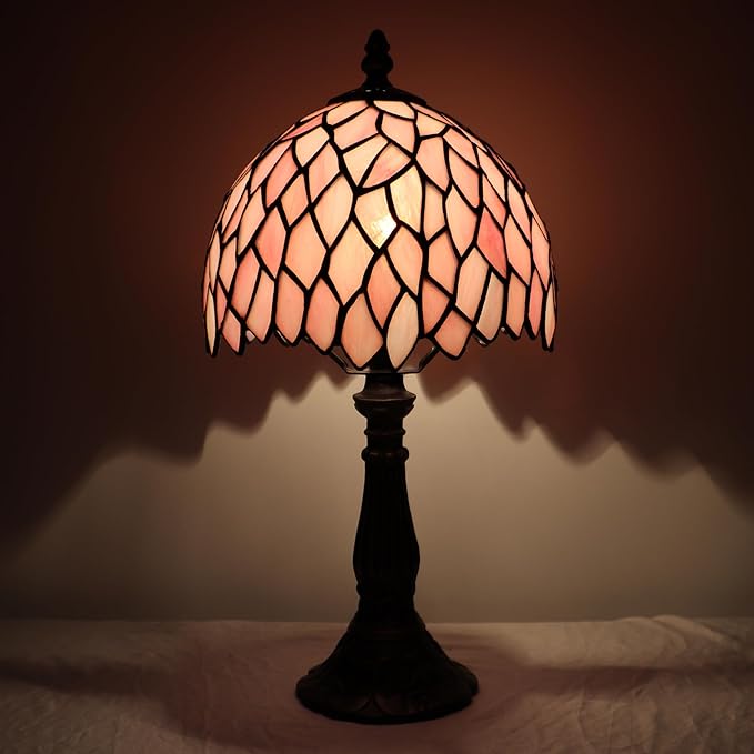 Small Tiffany Lamp Mini Accent Table Lamp Stained Glass Desk Memory Lamp Sympathy 8X14.5 Inch (Pink Wisteria)