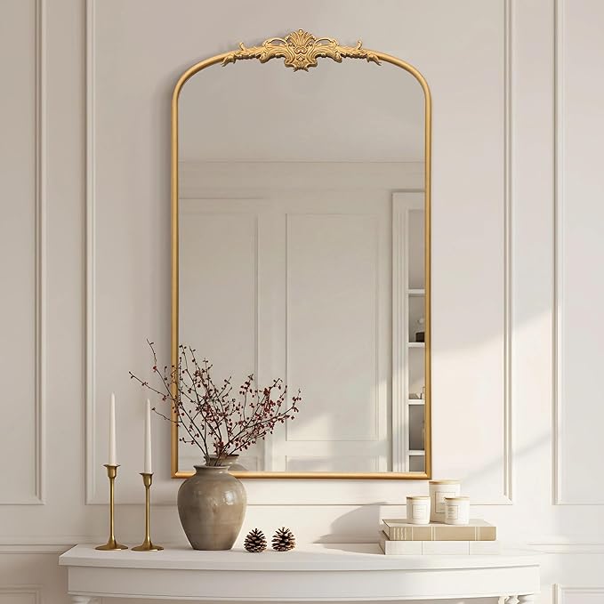 Besdomus Large Vintage Arched Mirror: 24"x42" Arch Gleaming Gold Antique Wall Mounted Mirror - Traditional Ornate Home Decor for Entryway/Fireplace/Bathroom - Idea for Trendy Fashionistas