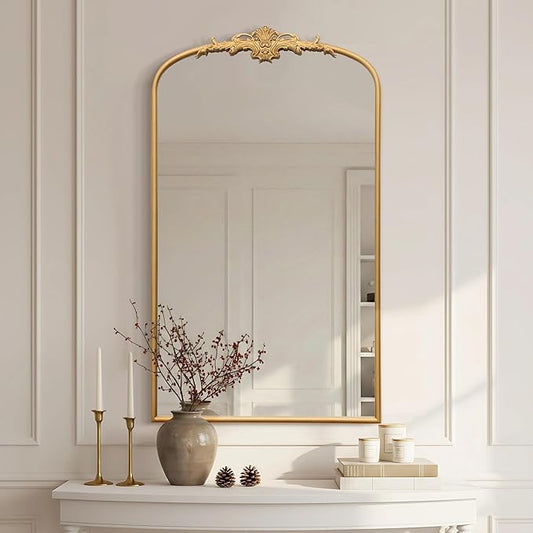 Besdomus Large Vintage Arched Mirror: 24"x42" Arch Gleaming Gold Antique Wall Mounted Mirror - Traditional Ornate Home Decor for Entryway/Fireplace/Bathroom - Idea for Trendy Fashionistas