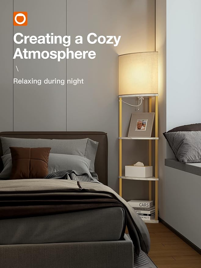addlon 4-Tier Sector Corner Shelf Floor Lamp with 3 Color Temperatures LED Bulb and White Lamp Shade - Display Floor Lamps with Shelves for Living Room, Bedroom - Marble Texture