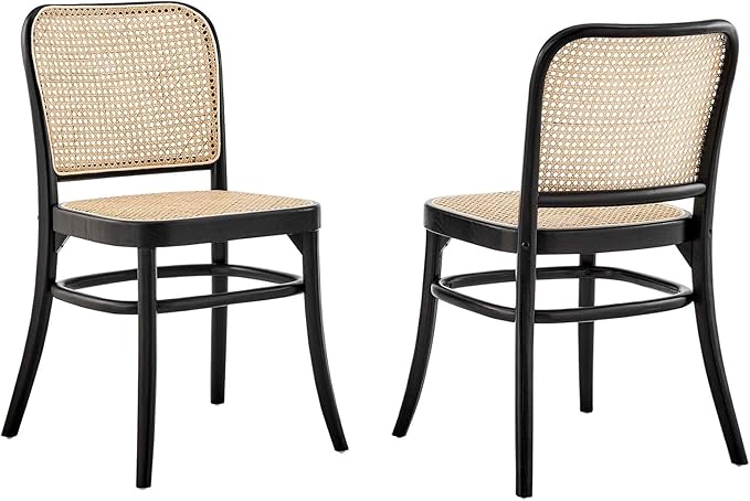 Modway Winona Elm Wood Cane Rattan Seat, Dining Side Chair - Set of 2, Black